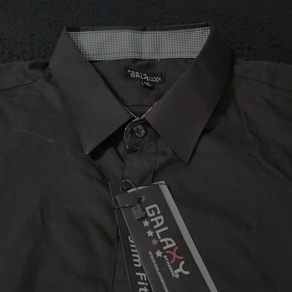NWT Galaxy Mens Button Up Shirt Black Size 2XL Short Sleeve Black Slim Fit Point - Picture 9 of 12
